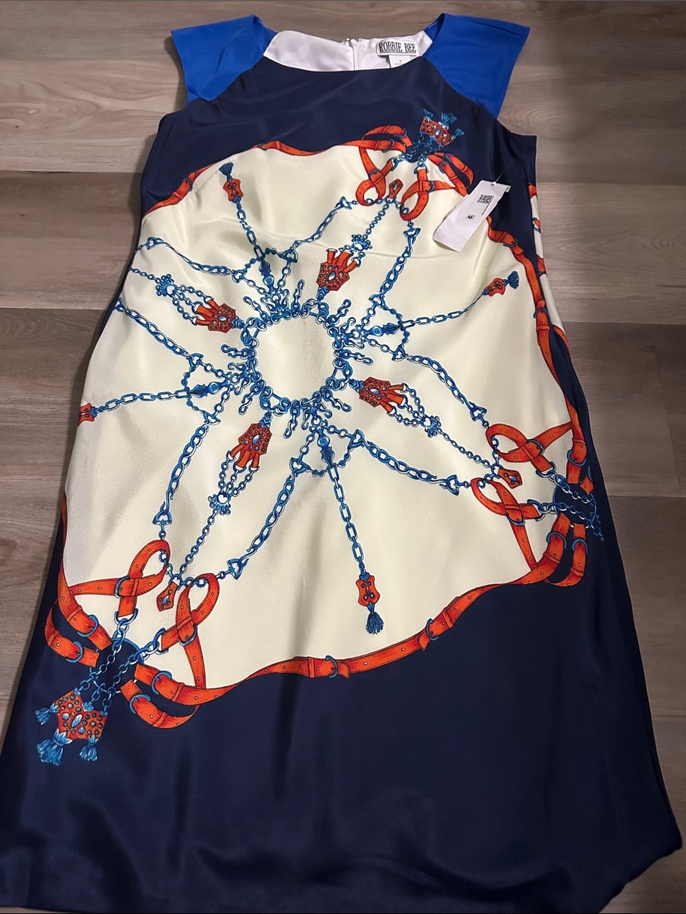 Robbie Bee Navy, Blue, Cream & Orange Chain-Print Shift Dress